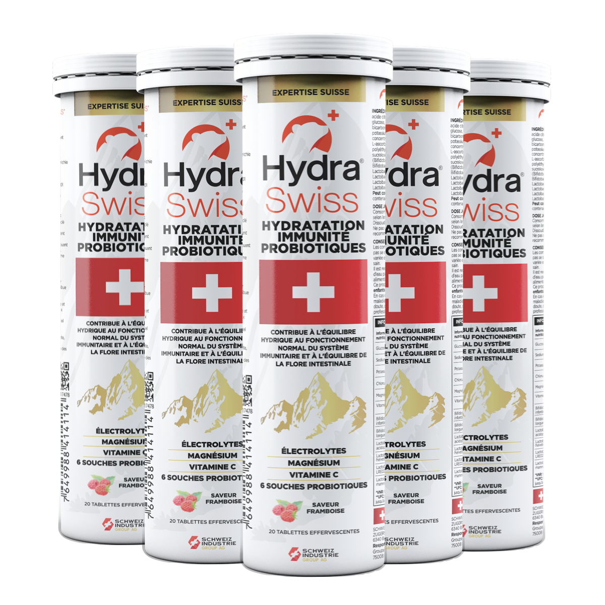 HYDRASWISS® : Hydratation - Immunité - Probiotiques｜Tablettes effervescentes goût Framboise - 5 tubes
