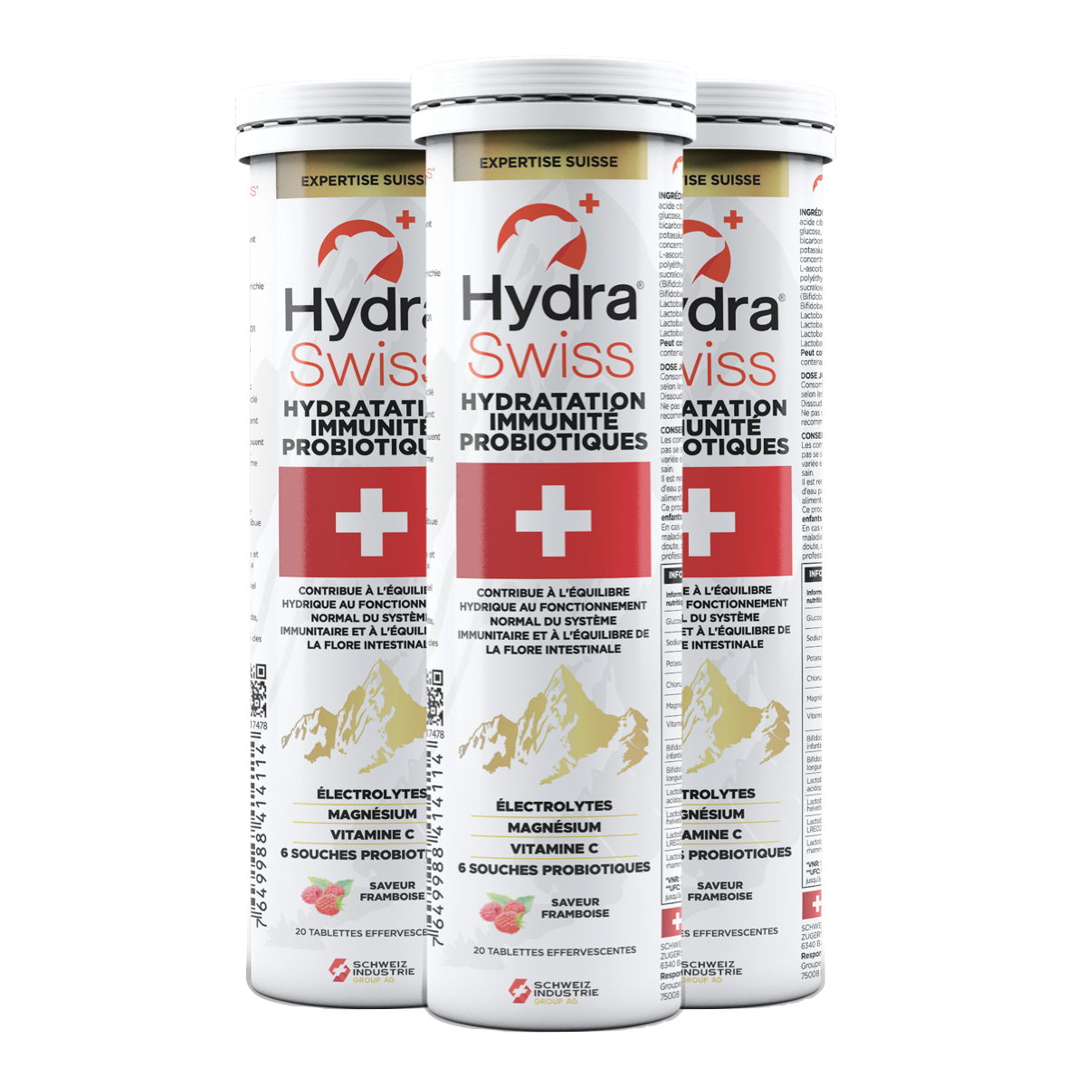 HYDRASWISS® : Hydratation - Immunité - Probiotiques｜Tablettes effervescentes goût Framboise - 3 tubes