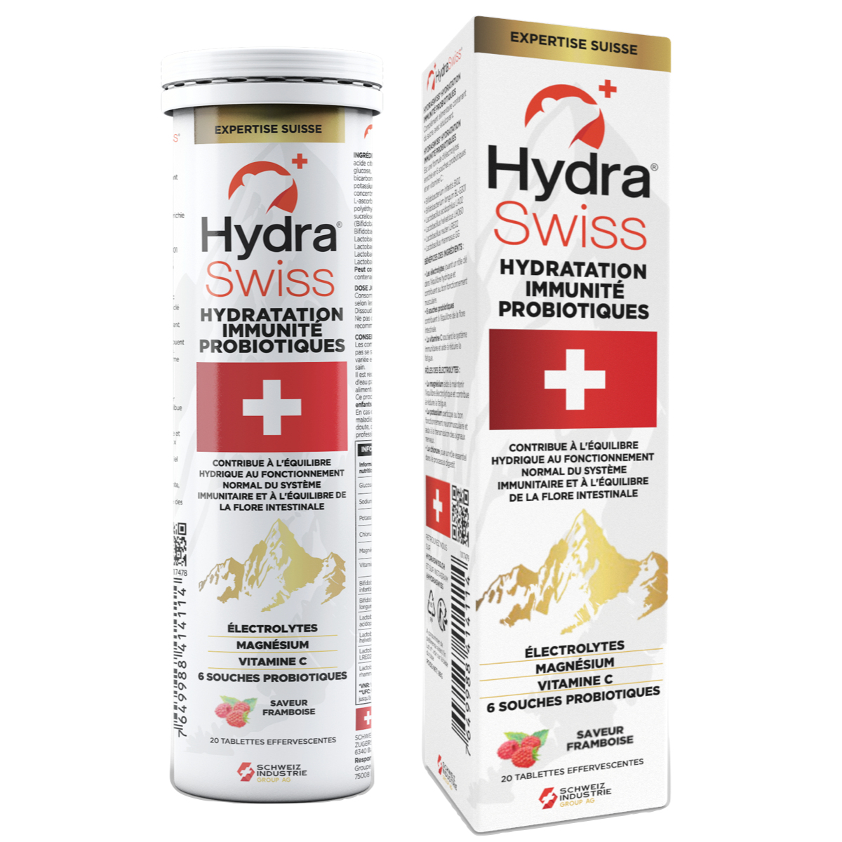 HYDRASWISS® : Hydratation - Immunité - Probiotiques｜Tablettes effervescentes goût Framboise - 1 tube